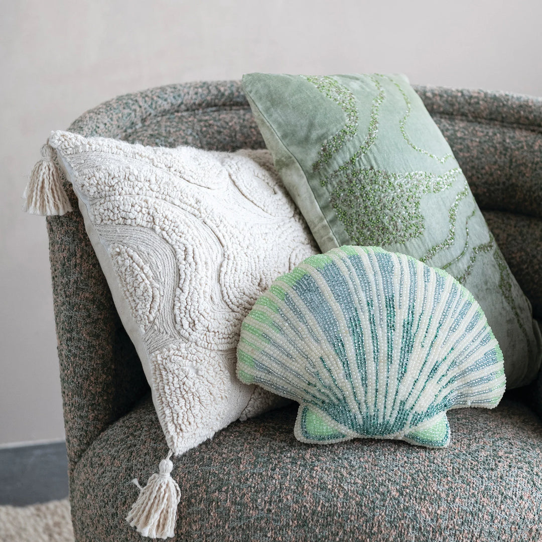 Cotton Tufted Lumbar Pillow with Design &amp; Tassels, Cream