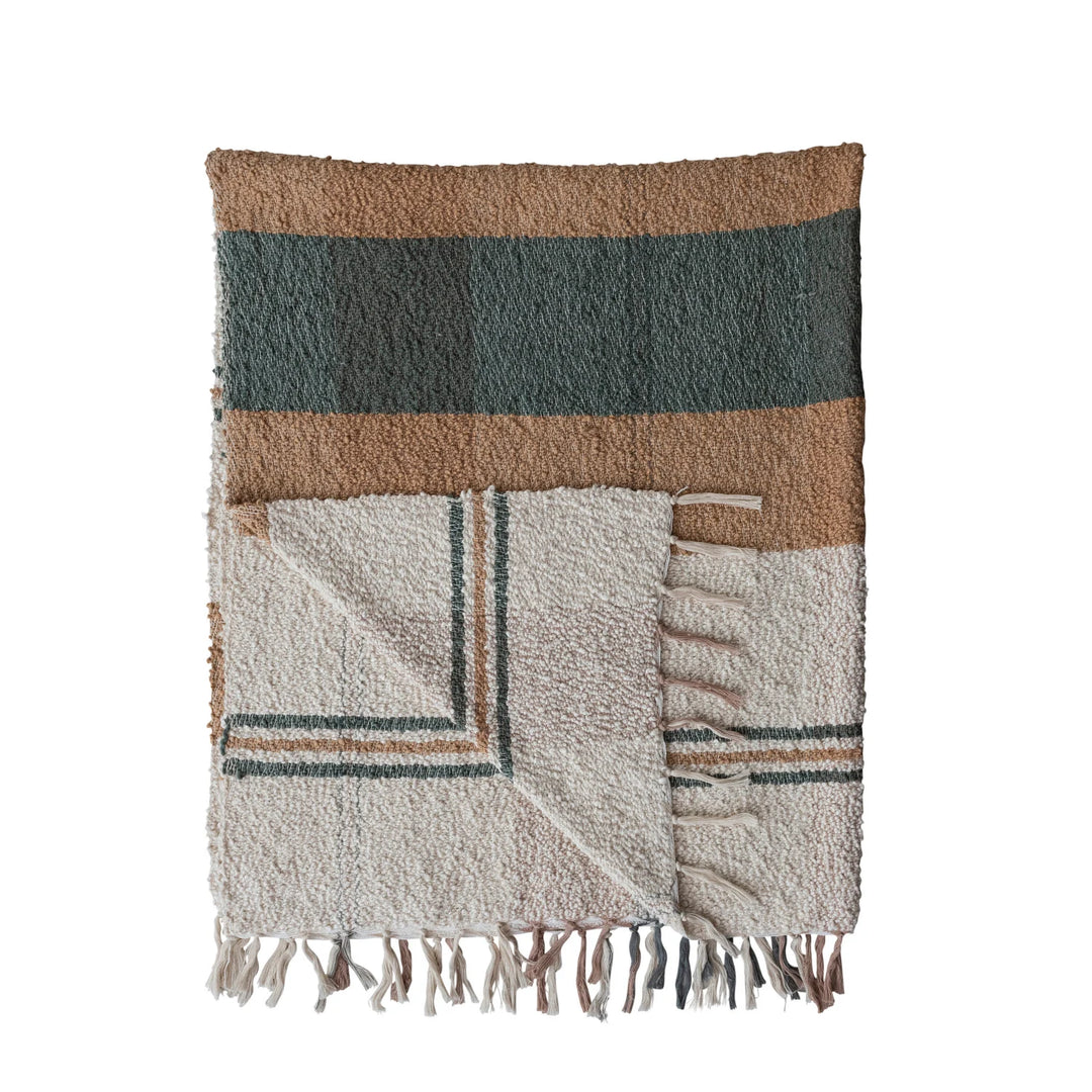 60"L x 50"W Hand-Woven Cotton Slub Striped Throw with Fringe