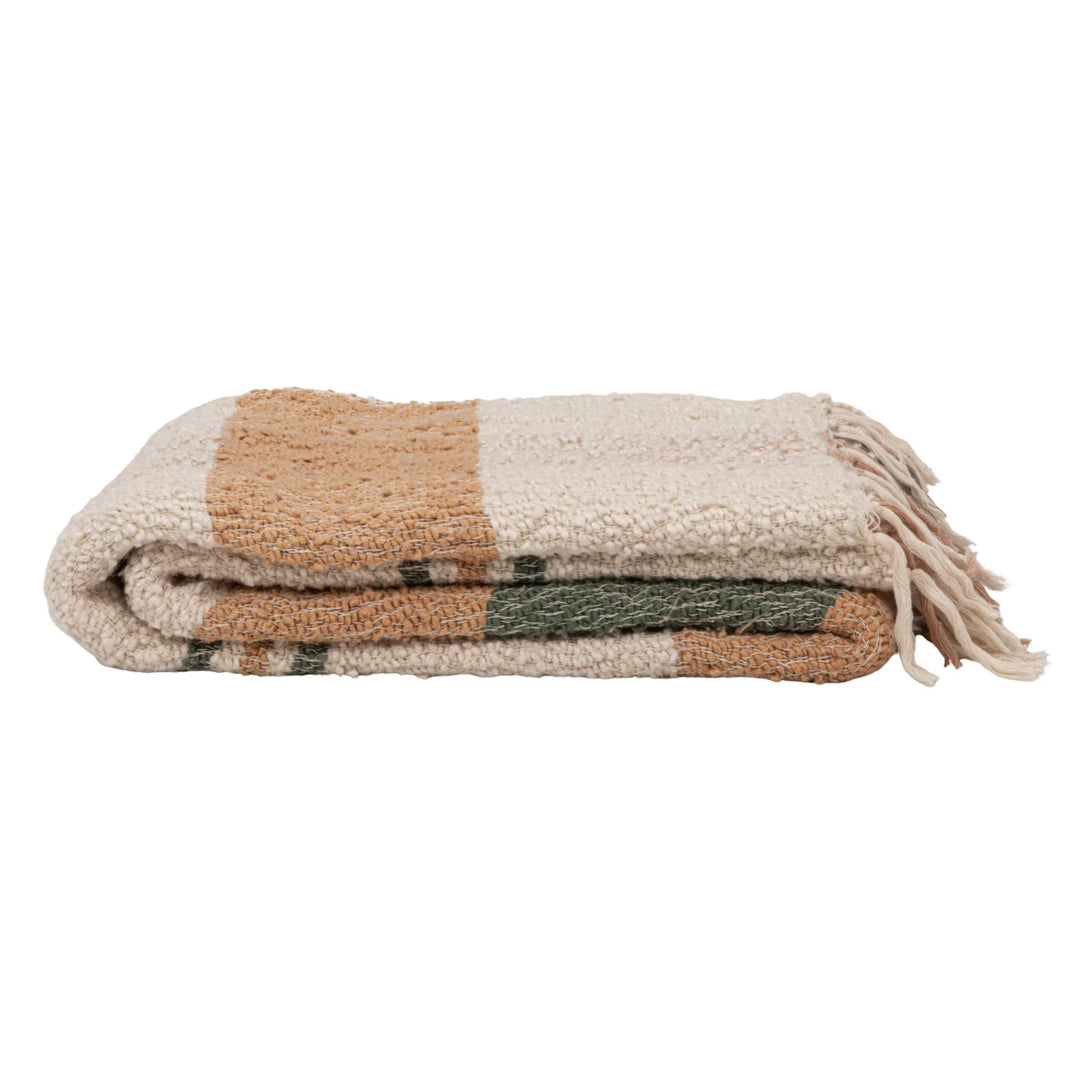 60"L x 50"W Hand-Woven Cotton Slub Striped Throw with Fringe