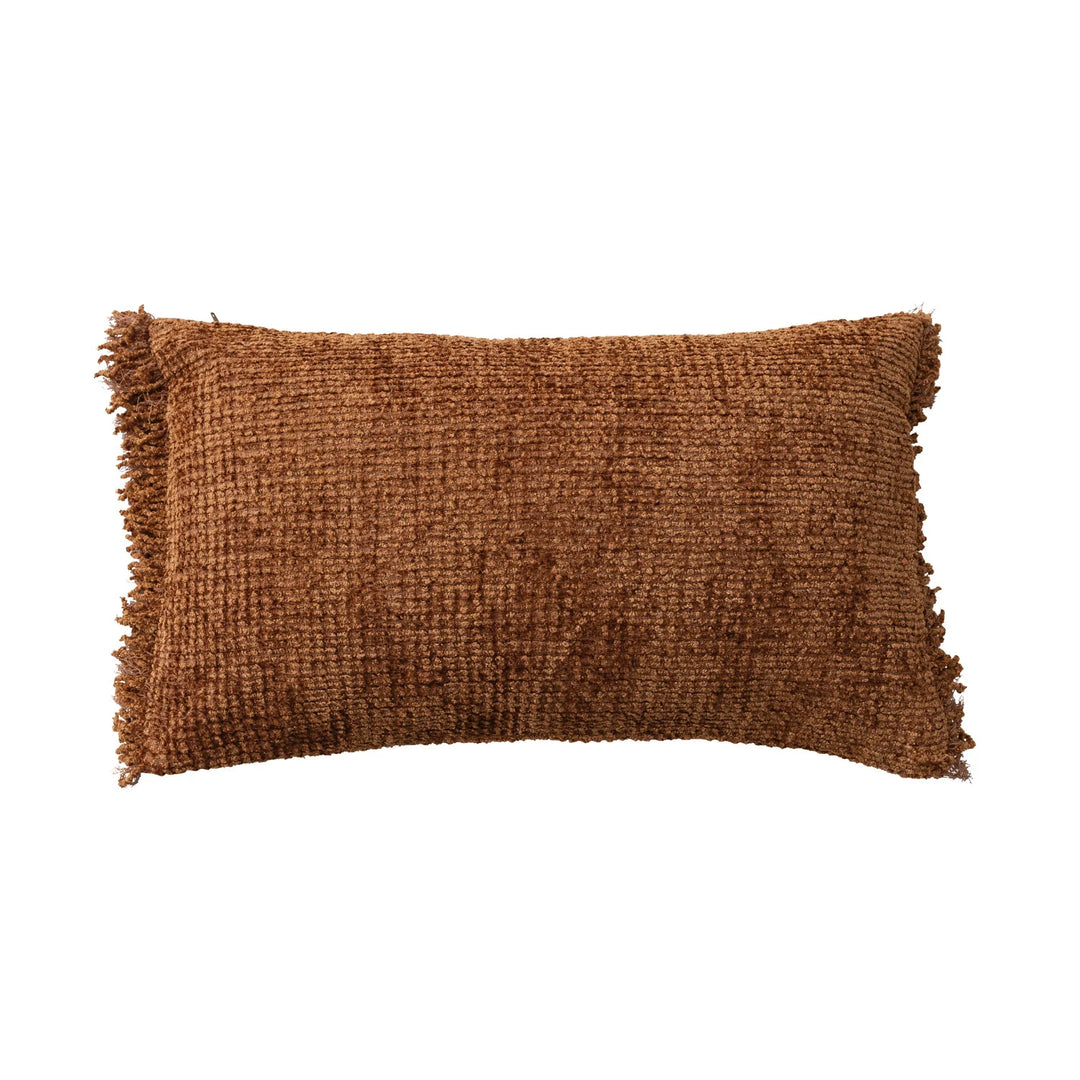 Woven Cotton Blend Chenille Lumbar Pillow with Eyelash Fringe