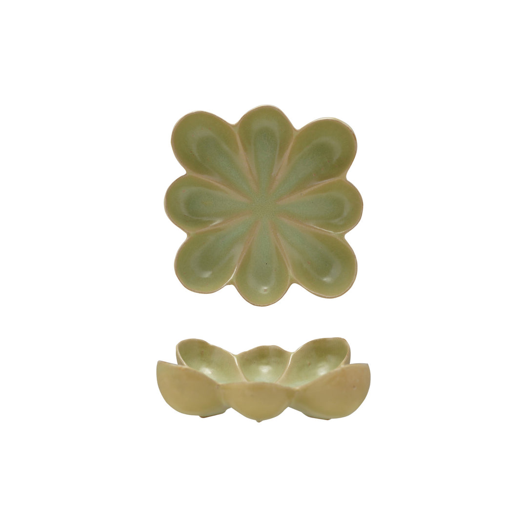 Green reactive-glaze stoneware flower-shaped dish, top and side view - Creative Co-Op - What&