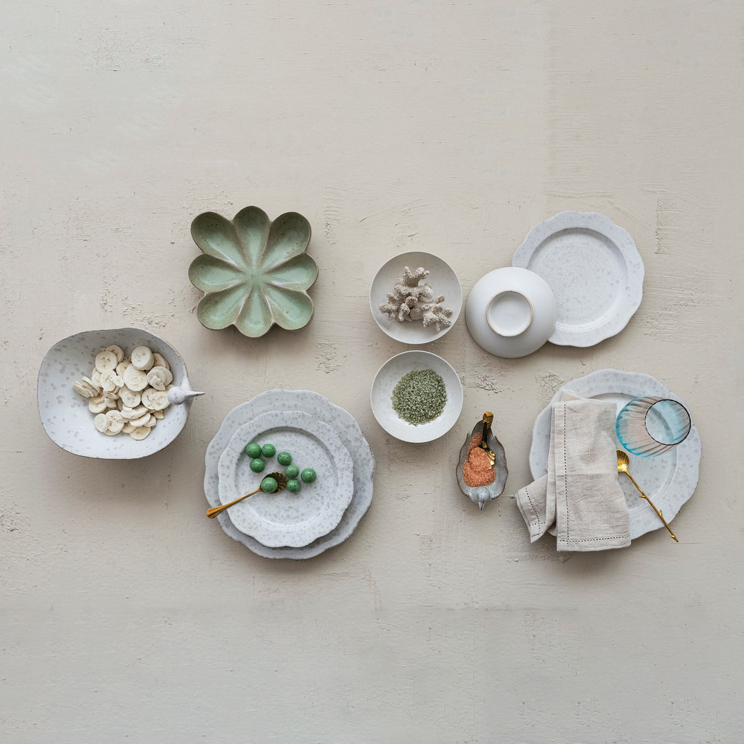 Green flower dish in a styled tablescape with the Dreamy stoneware collection - Creative Co-Op - What&