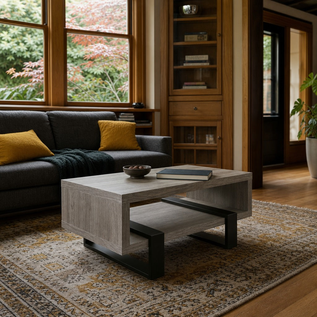Dinard Engineered Wood Cocktail Coffee Table Grey Driftwood styled in Portland Irvington foursquare with original built-ins living room - What&