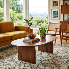 Domingo Coffee Table in Pecan room setting - round coffee table by LH Imports - Whats New Furniture Portland OR