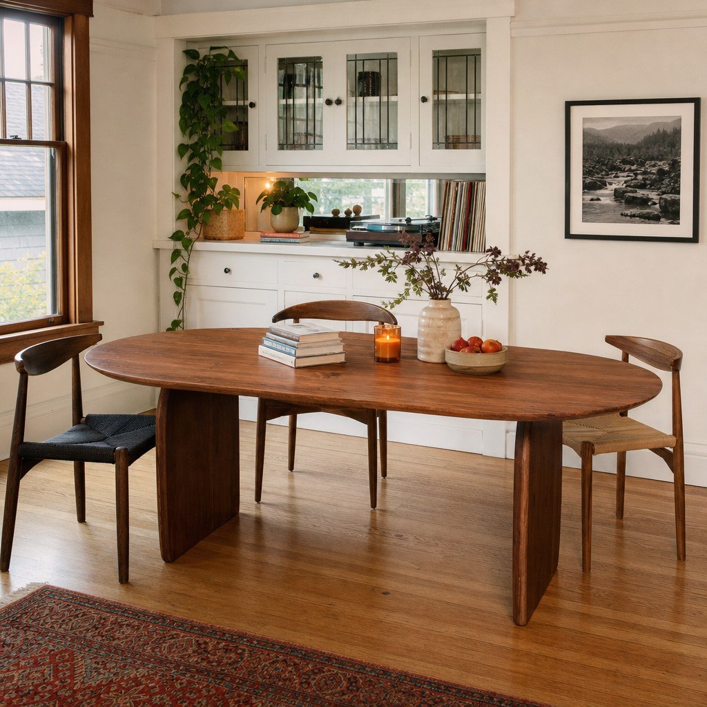 Domingo Dining Table in Pecan room setting - oval acacia dining table by LH Imports - Whats New Furniture Portland OR