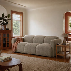 Dorset Fabric Upholstered Round Track Arm Sofa Brown styled in Portland Montavilla cottage living room - What&