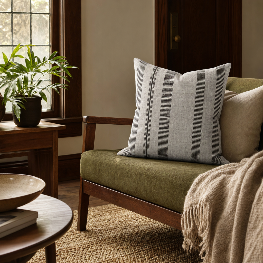 Double Issue Mushroom Woven Stripe Throw Pillow styled in a Portland Alberta Arts sitting room lifestyle - Whats New Furniture