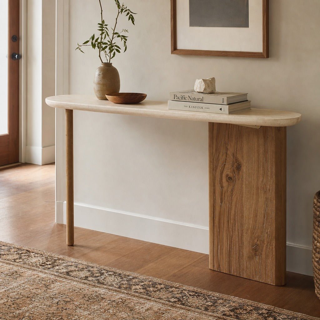 Aelwyn Console Table - Natural Oak &amp; Cream Marble styled in a Portland entry - Whats New Furniture