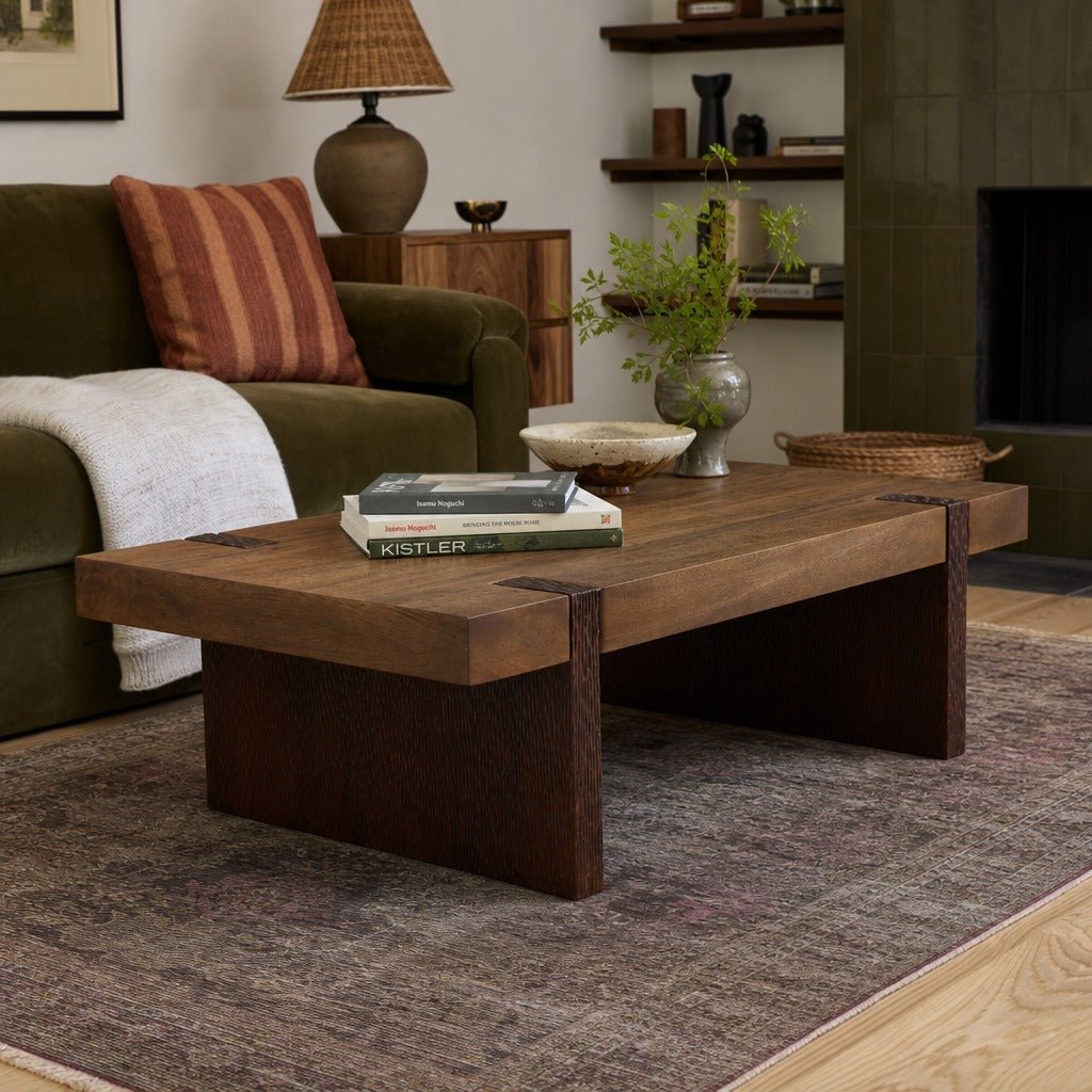 Celestino Coffee Table - Brown Mango Wood styled in a Portland living room - Whats New Furniture
