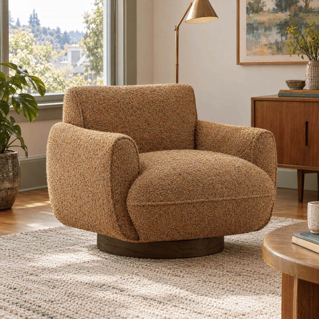 Ercilia Swivel Chair in Ginger styled in a Portland living room - boucle swivel chair by Dovetail - Whats New Furniture