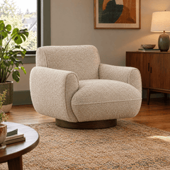 Ercilia Swivel Chair in Oatmeal styled in a Portland living room - boucle swivel chair by Dovetail - Whats New Furniture