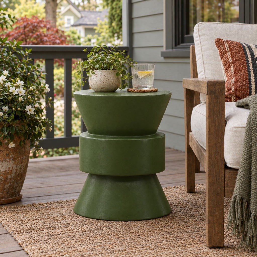 Frosten Outdoor Side Table - Green Concrete styled on a Portland porch - Whats New Furniture