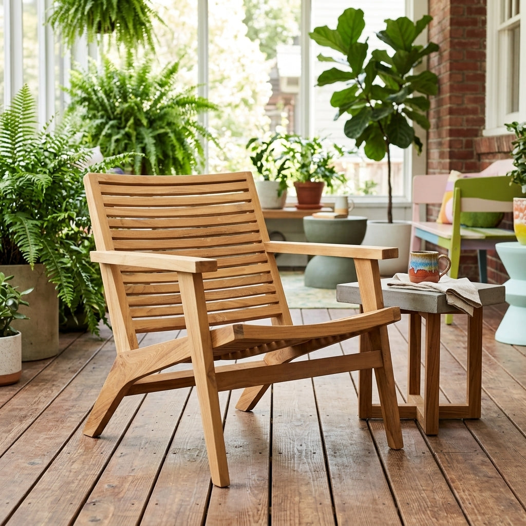 Janine Outdoor Occasional Chair styled in a bright Portland patio setting - Whats New Furniture