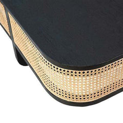 Kanton Coffee Table in Black/Rattan corner detail - rattan coffee table by Dovetail - Whats New Furniture Portland OR