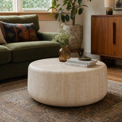 Kassia Coffee Table - Faux Travertine Round styled in a Portland living room - Whats New Furniture