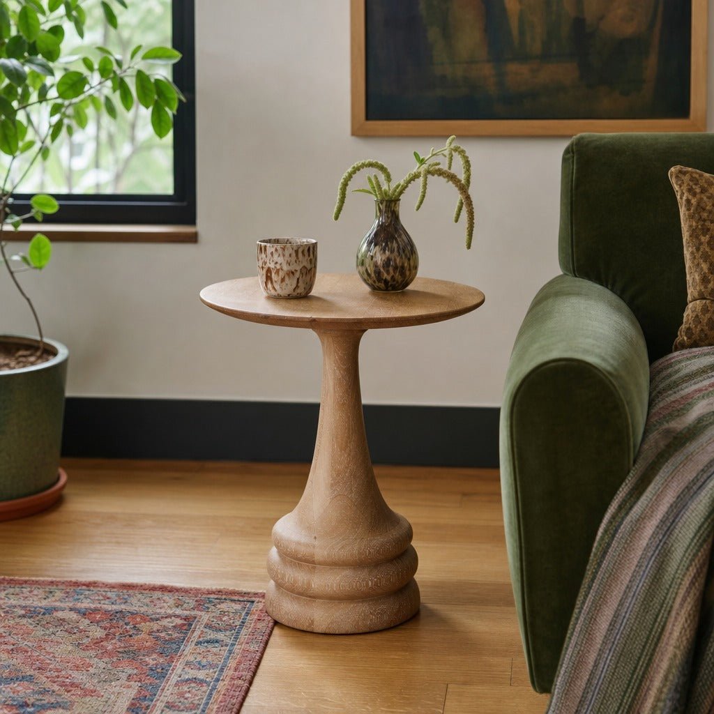 Meylin Side Table - Light Natural Mango Wood styled in a Portland living room - Whats New Furniture