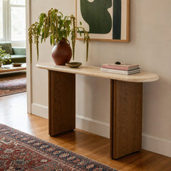 Oja Console Table - Brown Oak &amp; Cream Marble styled in a Portland entry - Whats New Furniture