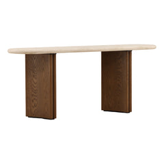 Oja Console Table - Brown Oak &amp; Cream Marble front three-quarter view - Console Tables by Dovetail - Whats New Furniture Portland OR