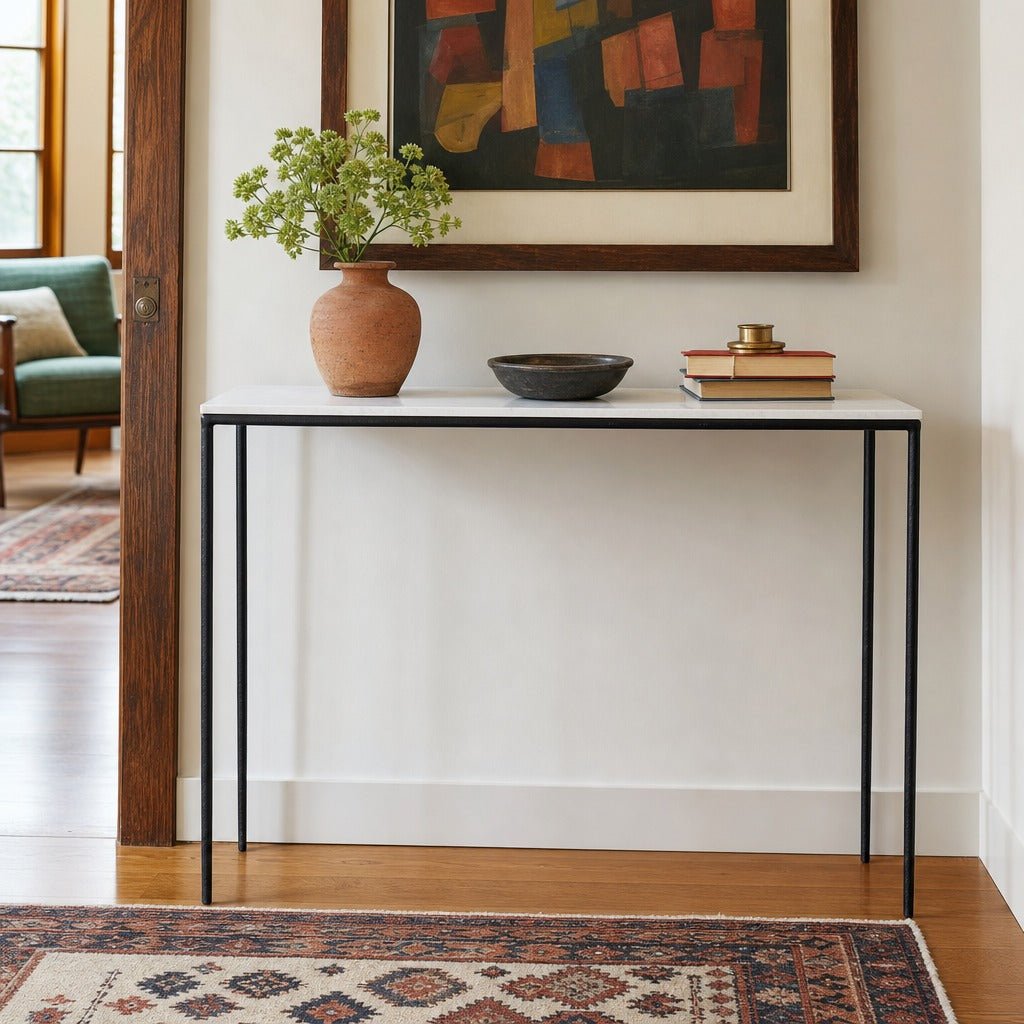 Perugia Console Table - White Marble &amp; Black Iron styled in a Portland entry - Whats New Furniture