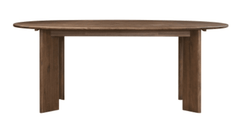 Drego 79-inch Oval Dining Table in Dark Walnut three-quarter angle view showing blade-pedestal legs - dining table by NPD - Whats New Furniture Portland OR