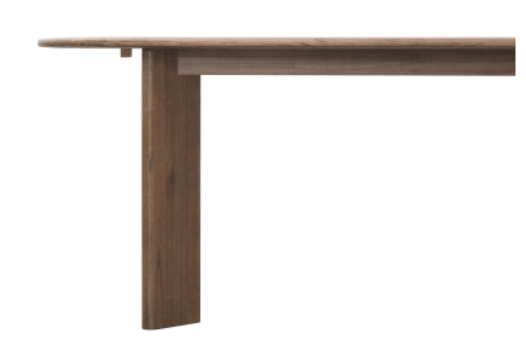 Drego 79-inch Oval Dining Table in Dark Walnut side profile view showing blade-pedestal legs - dining table by NPD - Whats New Furniture Portland OR