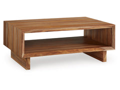 Dressonni Coffee Table in brown side angle - natural wood coffee table by Ashley - Whats New Furniture Portland OR