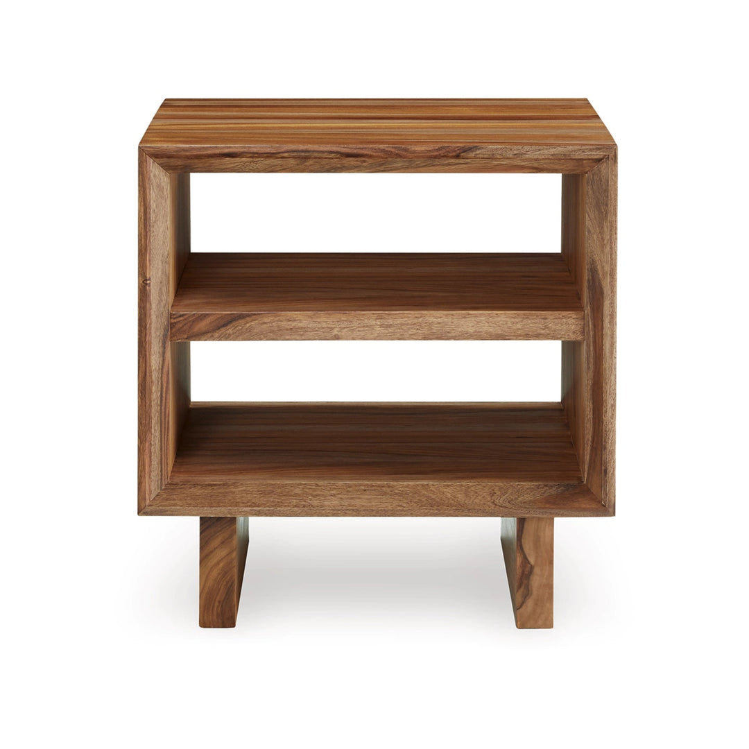 Dressonni End Table in Natural Sheesham front view - two shelf end table by Ashley - Whats New Furniture Portland OR