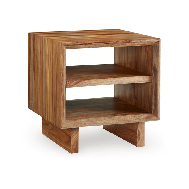 Dressonni End Table in Natural Sheesham - two shelf end table by Ashley - Whats New Furniture Portland OR