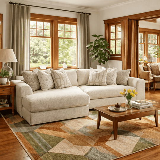 Drift Deep Sectional in Fluffy River Rock three-quarter angle with throw pillows - Stanton - Whats New Furniture Portland OR