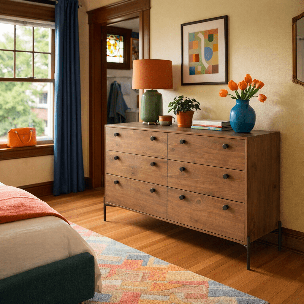 Dupont 6-Drawer Dresser in Auburn Poplar room setting - six drawer dresser by Four Hands - Whats New Furniture Portland OR