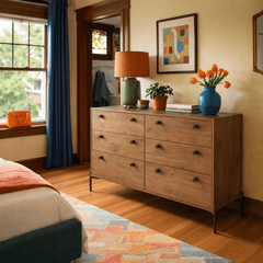 Dupont 6-Drawer Dresser in Auburn Poplar room setting - six drawer dresser by Four Hands - Whats New Furniture Portland OR