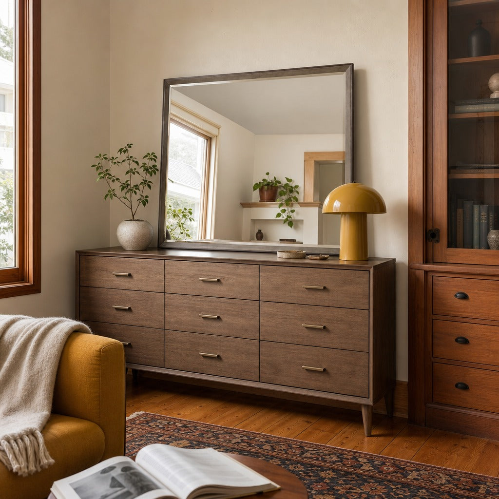 Durango Dresser Mirror Taupe Oak styled in Portland Irvington foursquare with original built-ins living room - What&