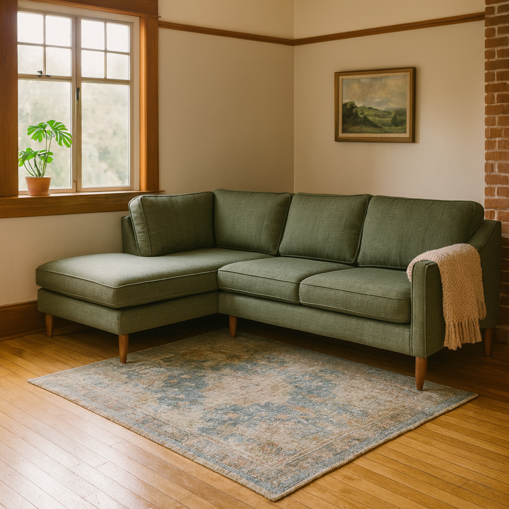 Edgewater Sectional in Montego Green styled in a bright Portland mid-century modern living room - Whats New Furniture