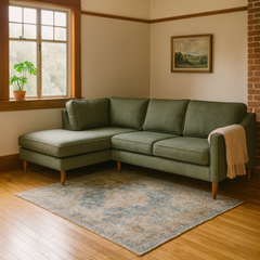 Edgewater Sectional in Montego Green styled in a bright Portland mid-century modern living room - Whats New Furniture