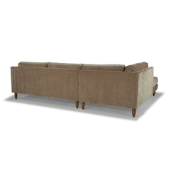 Edgewater Sectional in Canna Chocolate lifestyle setting - mid-century velvet sectional private label - Whats New Furniture Portland OR