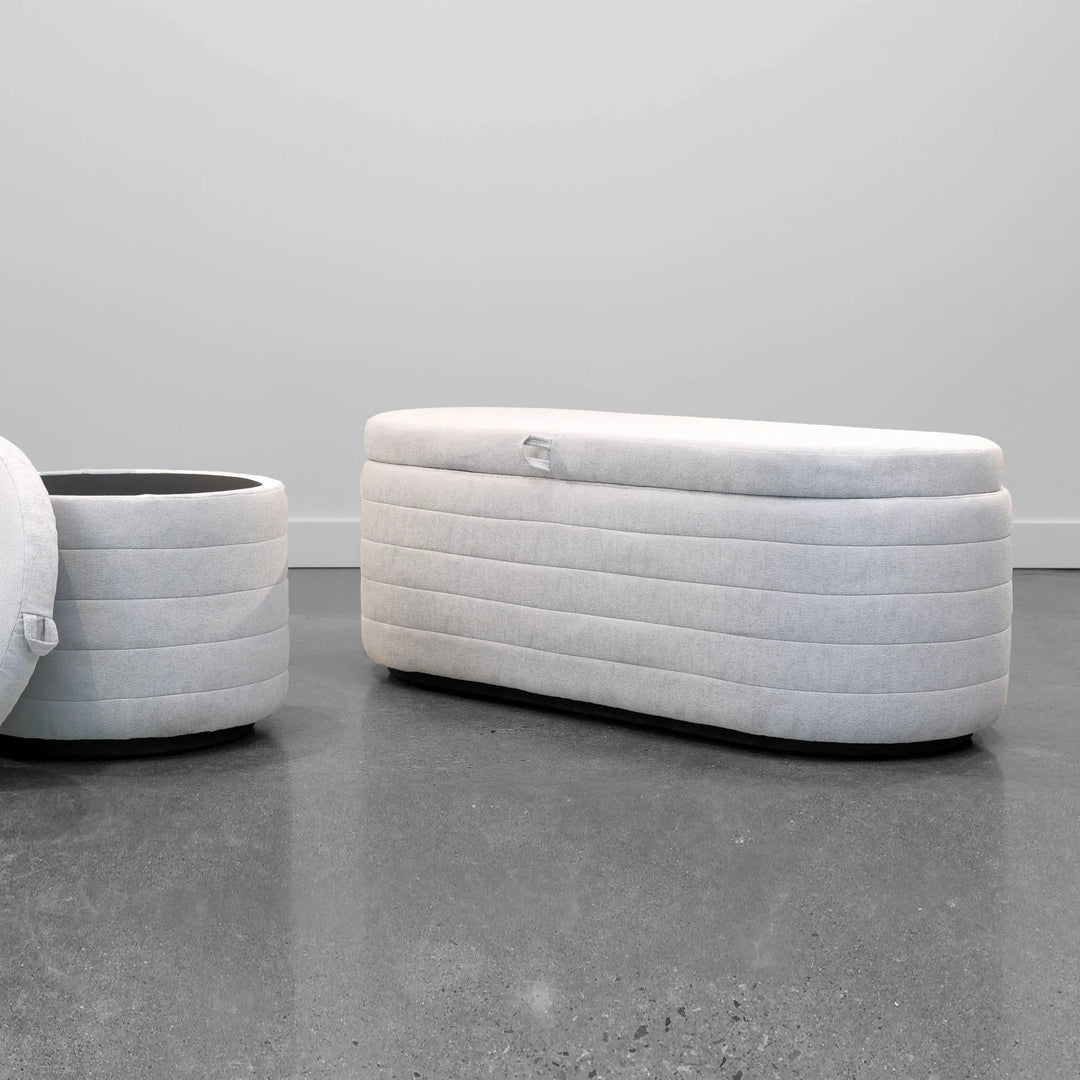 Elio Storage Bench in Platinum open storage side view - upholstered storage bench by LH Imports - Whats New Furniture Portland OR