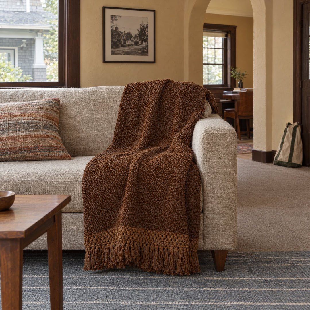 Elira Throw - Brown Wool &amp; Cotton in Brown styled in a Portland home - Whats New Furniture