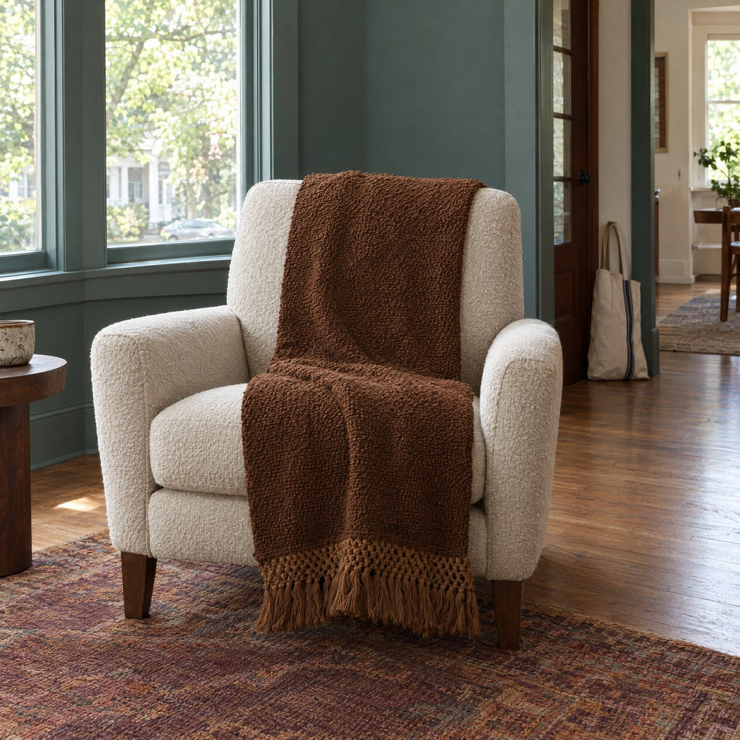 Elira Throw - Brown Wool &amp; Cotton in Brown styled in a Portland home - second room view - Whats New Furniture