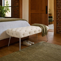 Ella Upholstered Tufted Bench Stainless Steel Legs Ivory styled in Portland converted warehouse flat with warm exposed brick and fir timber beams (no steel, no concrete) living room - What&