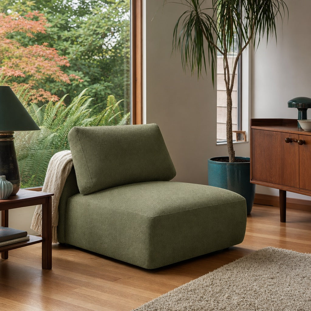 Elysia Fabric Upholstered Modular Armless Chair Green styled in Portland Mt. Tabor mid-century daylight ranch living room - What&