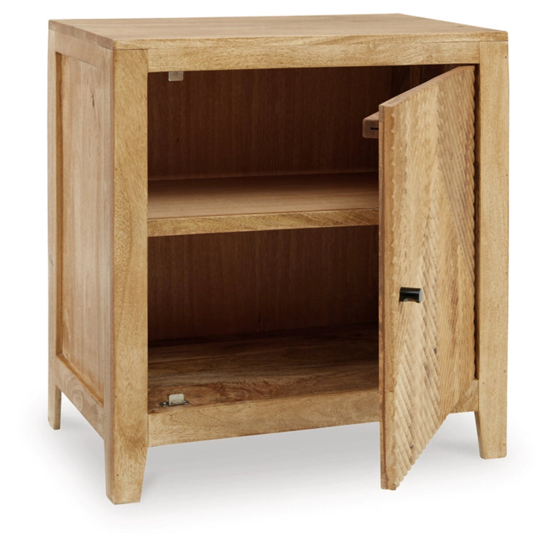 Emberton Accent Cabinet in Natural Mango Wood open storage front view - mango wood accent cabinet by Ashley - Whats New Furniture Portland OR