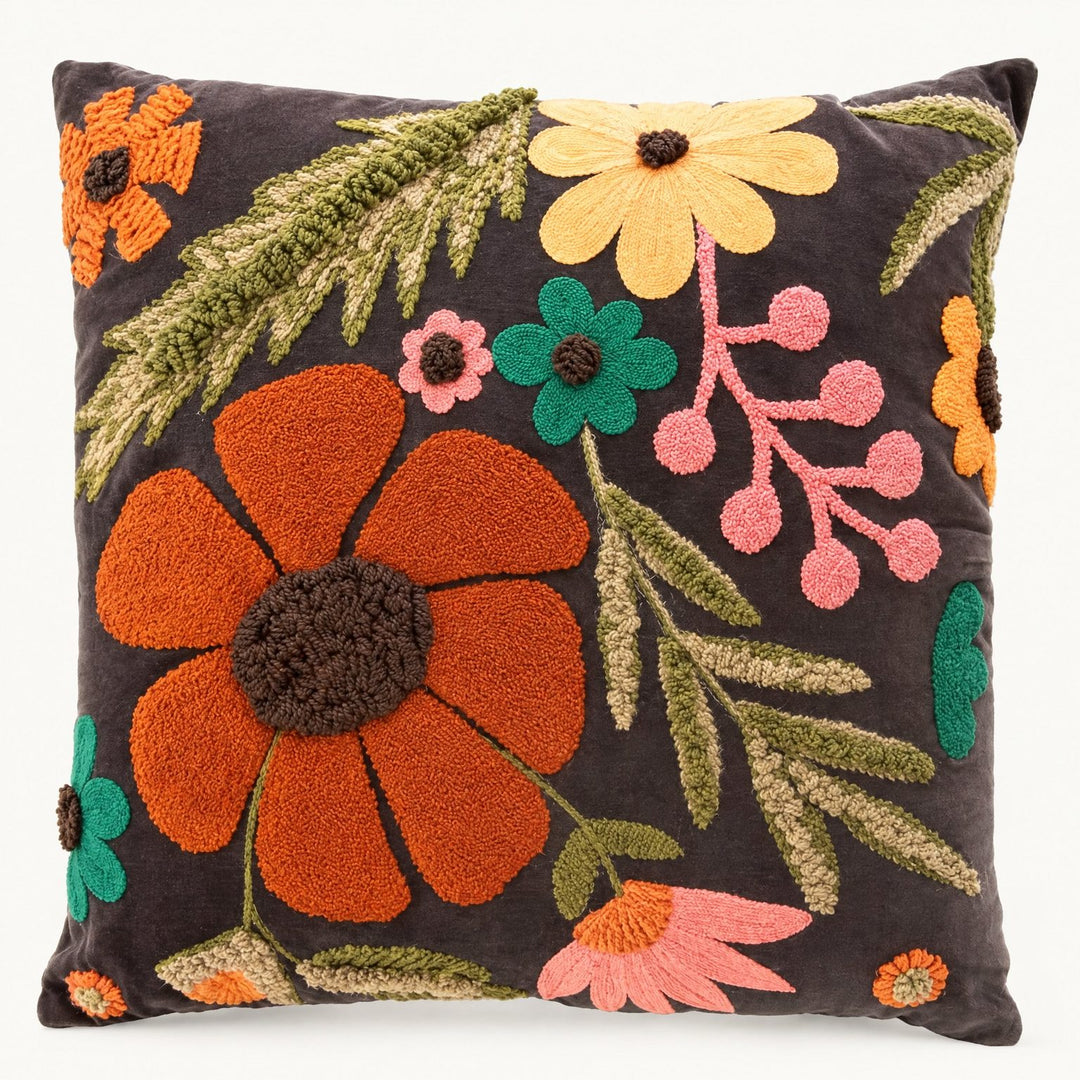 Multicolor embroidered velvet floral pillow, studio front - Kalalou - Whats New Furniture Portland OR