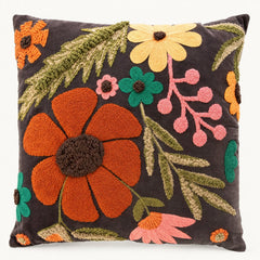Multicolor embroidered velvet floral pillow, studio front - Kalalou - Whats New Furniture Portland OR