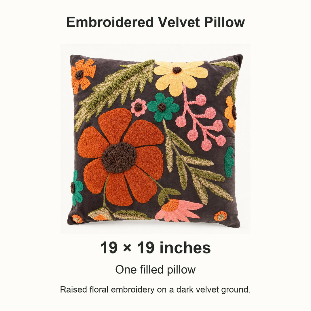 Multicolor embroidered velvet floral pillow size guide: 19 by 19 inches - Whats New Furniture Portland OR