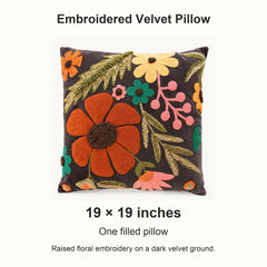 Multicolor embroidered velvet floral pillow size guide: 19 by 19 inches - Whats New Furniture Portland OR