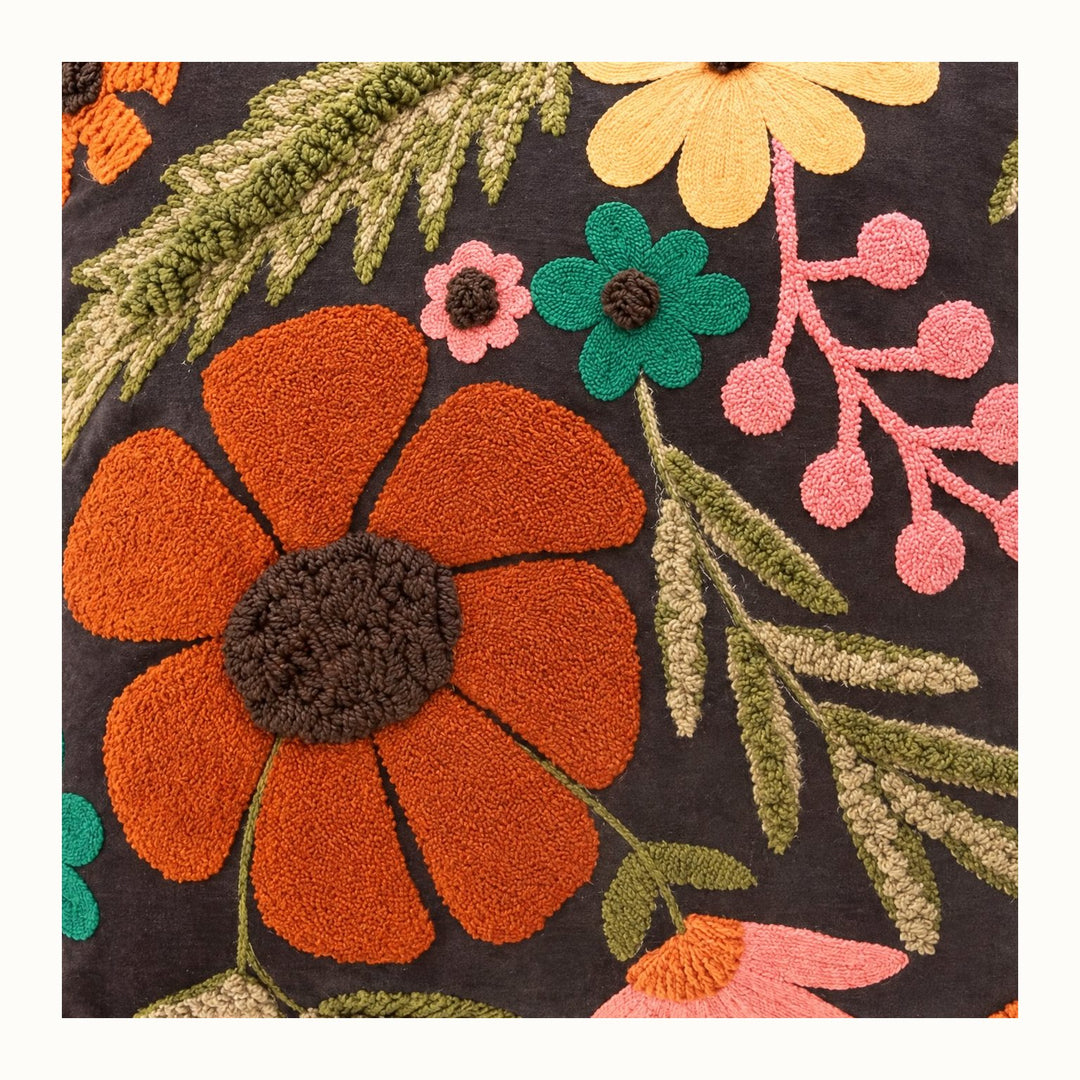 Multicolor velvet floral pillow, close-up studio detail of raised embroidery - Whats New Furniture Portland OR