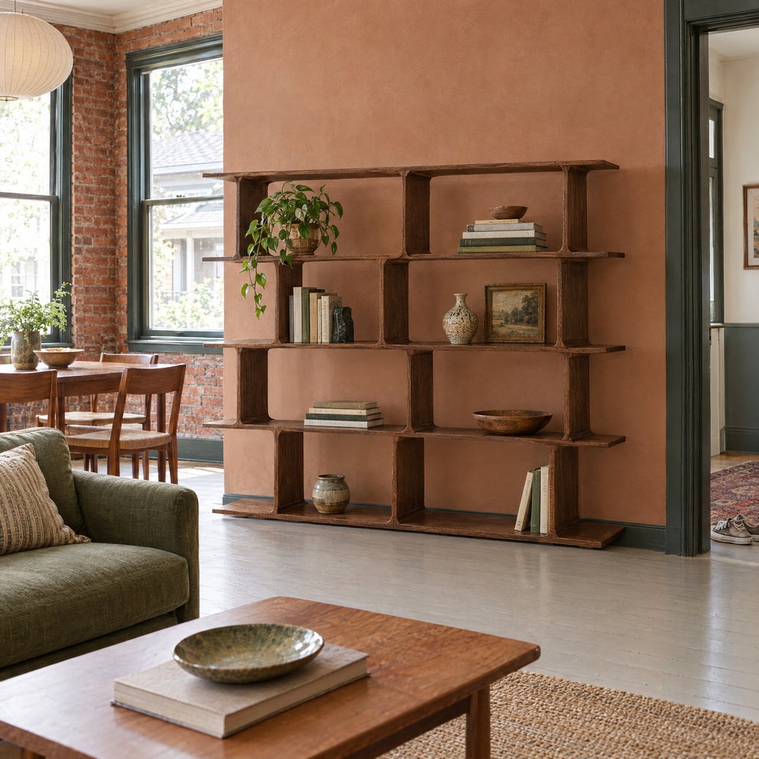 Emelise Bookcase - Open Shelving in Brown styled in a Portland home - Whats New Furniture