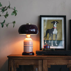 Purple and lavender enameled metal table lamp styled in a Portland bedroom - Whats New Furniture