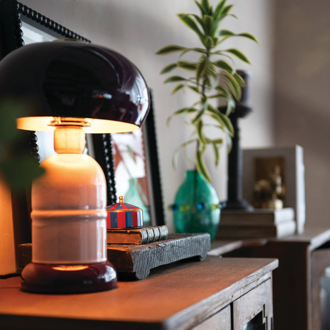 Purple and lavender enameled metal table lamp styled in a Portland living room - Whats New Furniture