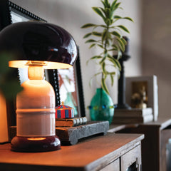 Purple and lavender enameled metal table lamp styled in a Portland living room - Whats New Furniture